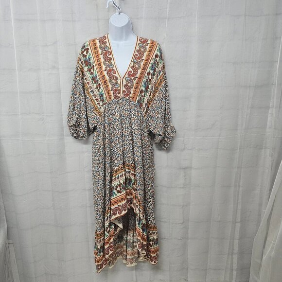 Golden Grace Orange Blue Hippie Dress Peasant Boho Paisley HI-Low Midi 2XL - Picture 1 of 13